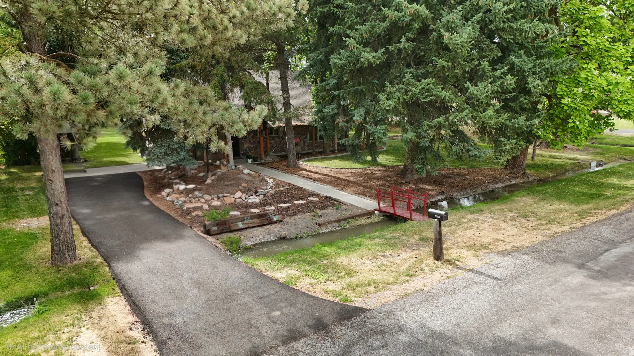 Spacious asphalt driveway leading to a secluded residence surrounded by mature trees