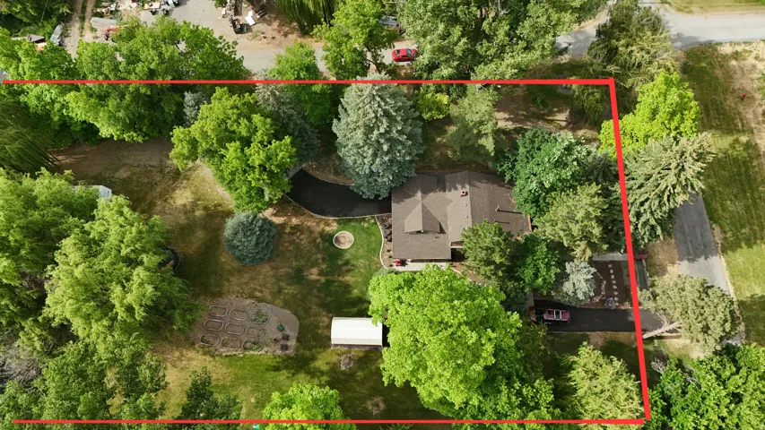 Expansive lot featuring mature trees, a private driveway, garden beds, and a detached structure