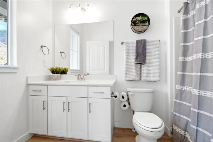 Bathroom featuring a white vanity with undermount sink, a large wall-mounted mirror, a toilet, a shower with a patterned curtain, and wood-finish flooring