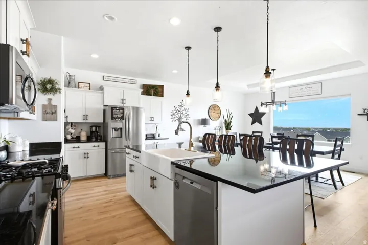Open-concept kitchen featuring an oversized island with a black countertop, a farmhouse sink, stainless steel appliances, and white cabinetry with dark hardware