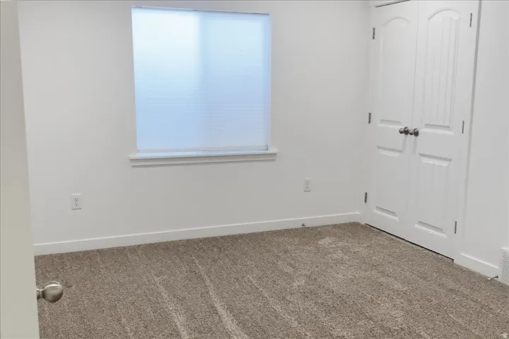 Window with horizontal blinds, carpeted flooring, and white bifold closet doors