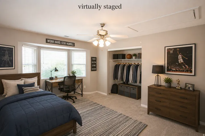 Bedroom featuring a bay window with blinds, carpeted flooring, and a ceiling fan with integrated lighting