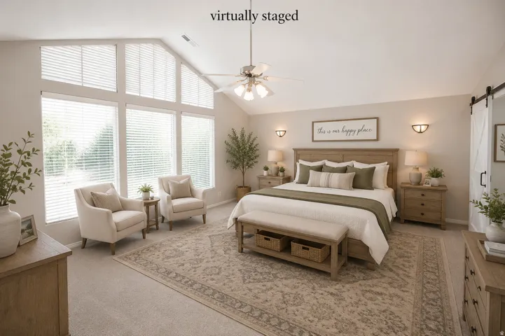 Master suite with vaulted ceiling with a wall of picture windows, ceiling fan with integrated lighting, and a barn door