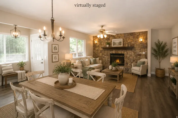 Spacious great room area featuring a floor-to-ceiling stone fireplace, dark wood-finish flooring, and multiple windows with blinds