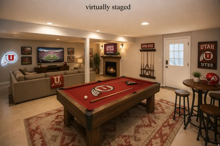 Spacious entertainment area featuring recessed lighting and light-toned flooring throughout