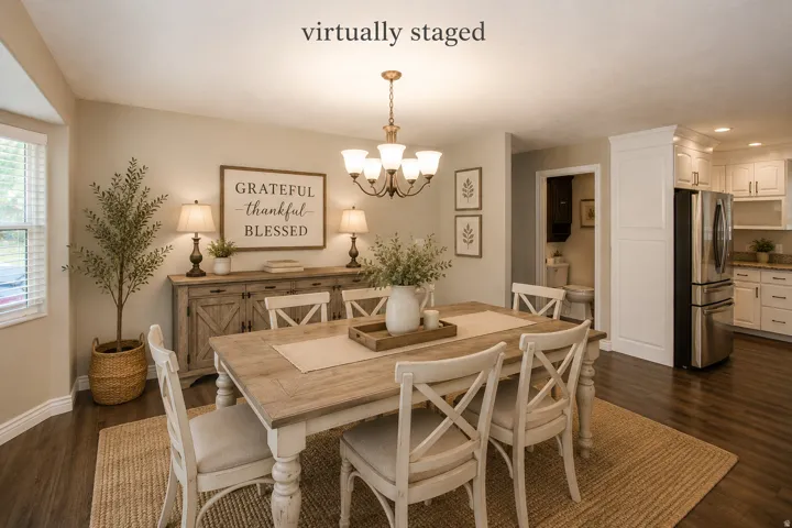 Dining area featuring dark wood-finish flooring, light neutral wall tones, and a traditional chandelier