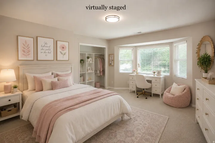 Bedroom with neutral wall paint and light-colored carpeting