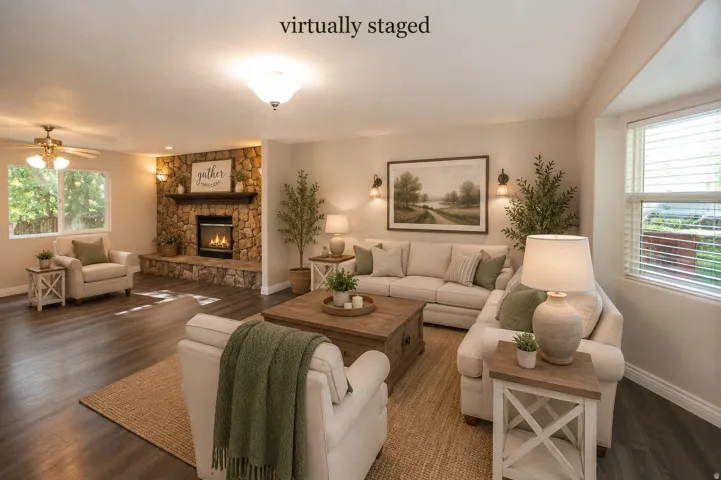 Spacious great room area featuring stone-clad fireplace, dark wood-finish flooring, and multiple windows