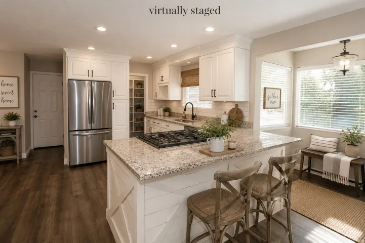 Kitchen featuring white shaker cabinetry, stainless steel French door refrigerator, granite-style countertops, and wood-finish flooring
