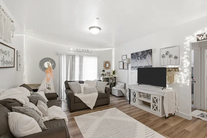 Spacious living area featuring light wood-finish flooring, white walls, and a ceiling-mounted light fixture