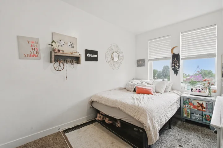 Room featuring two large windows with blinds, light-toned walls, and carpet flooring