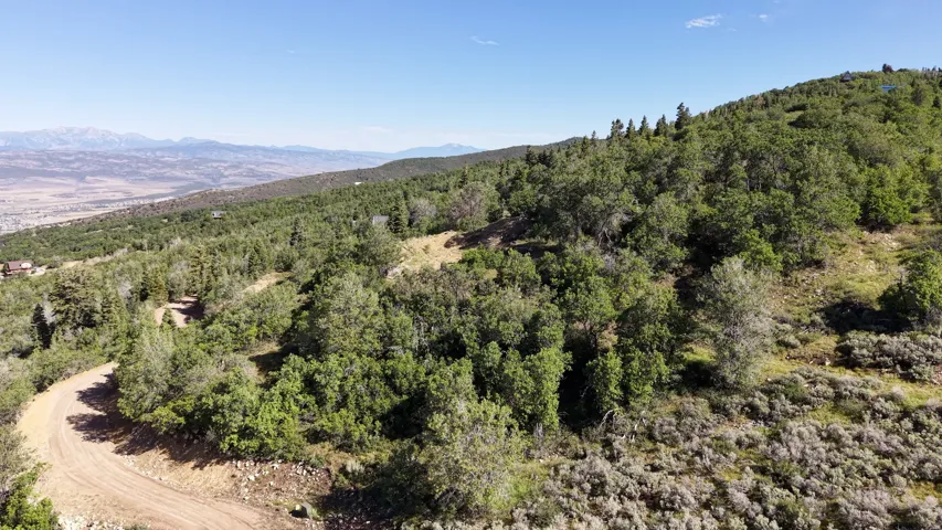 Expansive mountain terrain featuring a winding dirt road, dense tree cover, and distant mountains