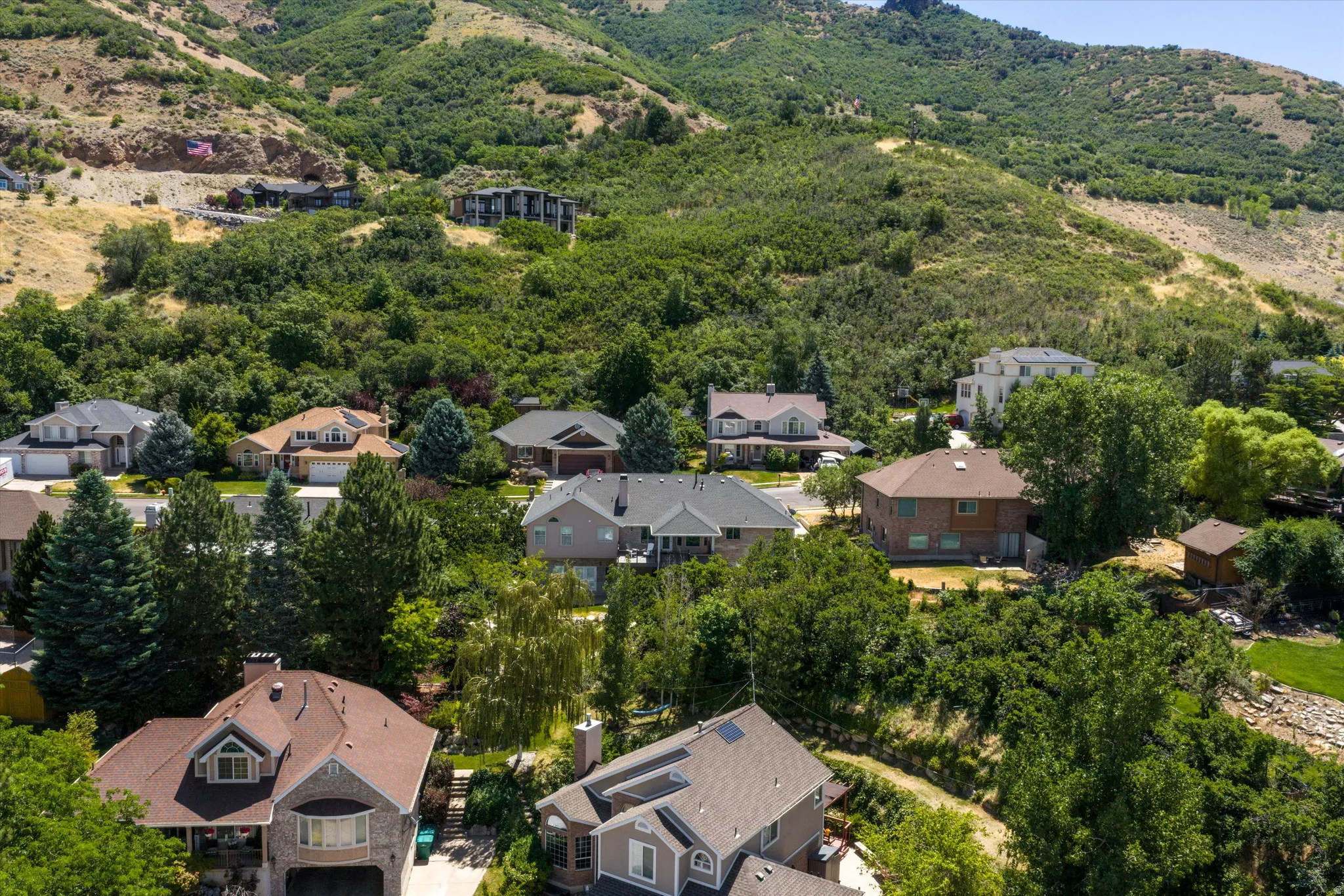Aerial perspective showcasing a residential area nestled at the base of a verdant hillside