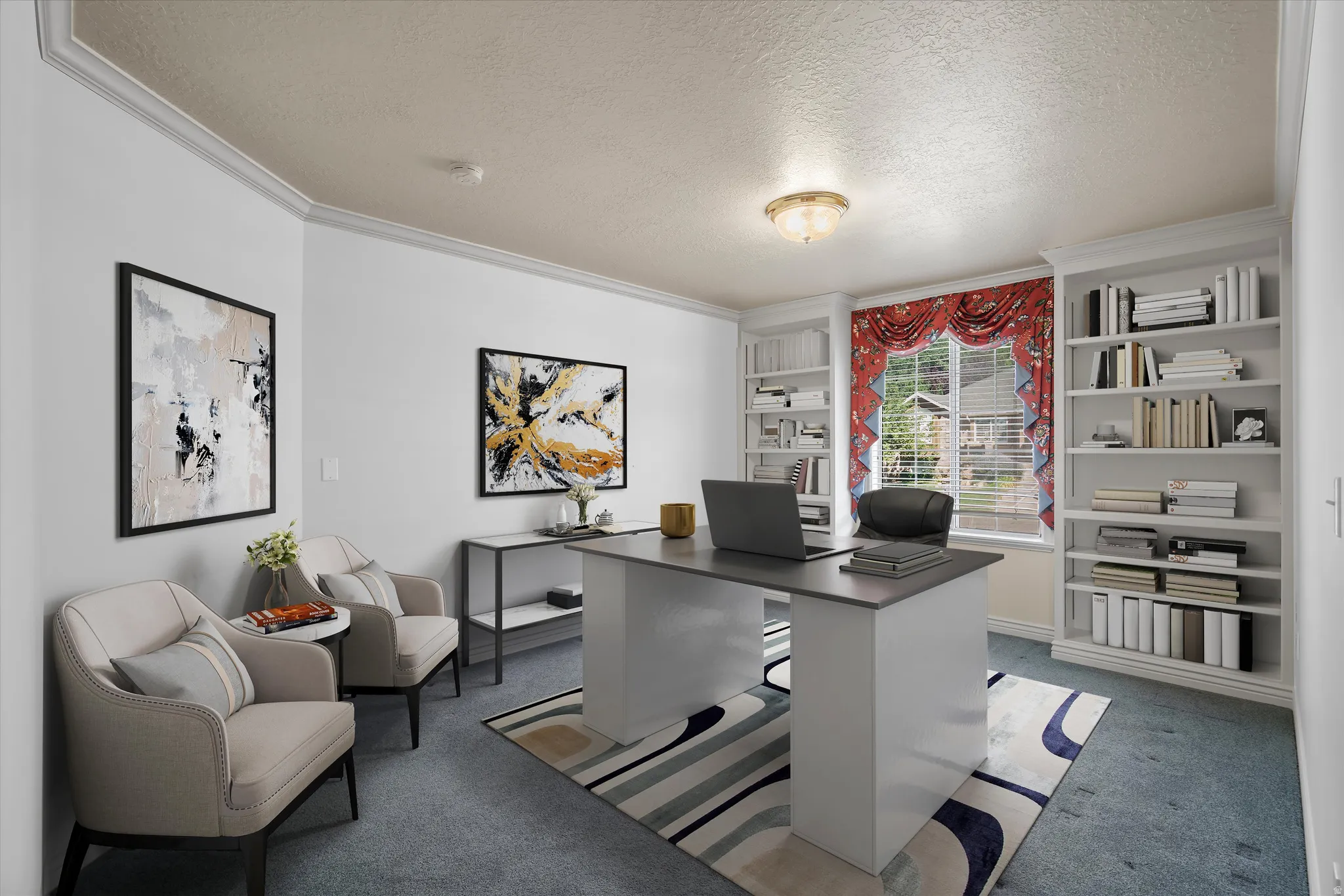 Room featuring crown molding, built-in shelving, a large window, and blue carpeting