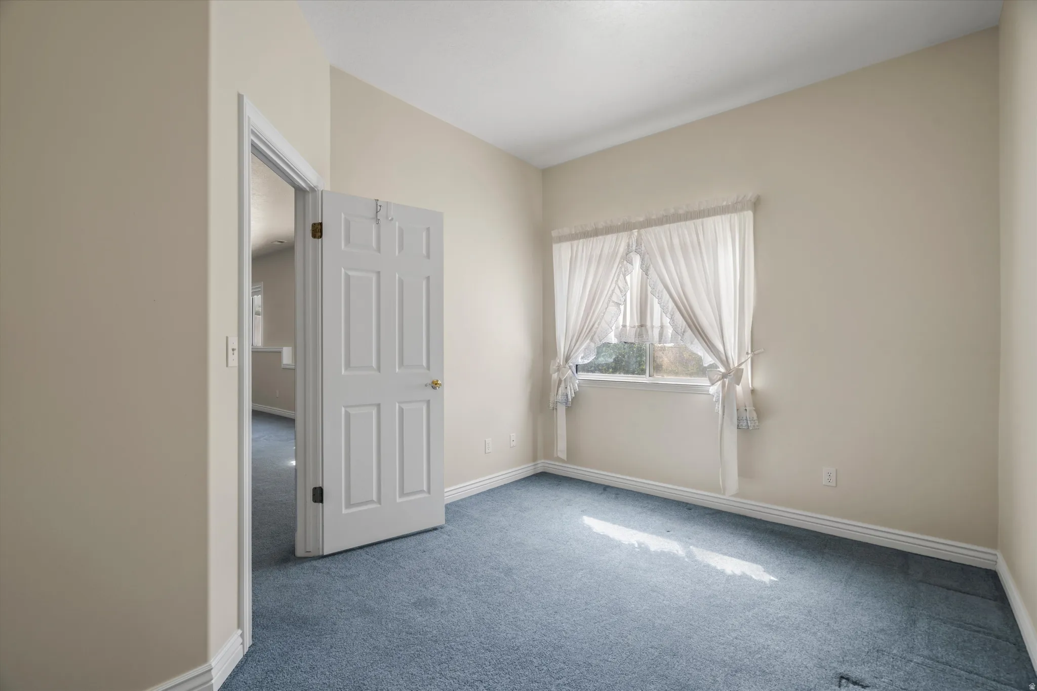 Room featuring light neutral walls, blue carpeting, and white baseboards