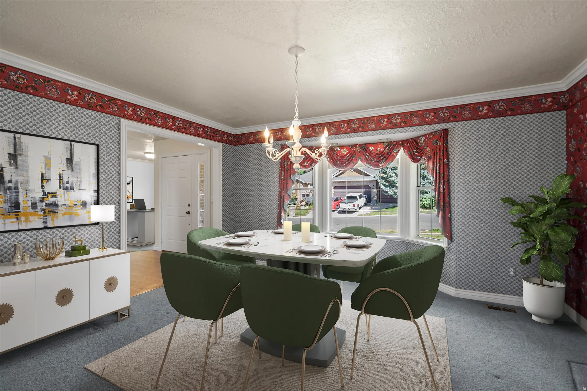 Formal dining area featuring a bay window, crown molding, and a chandelier