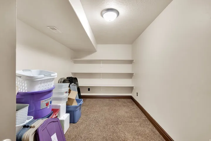 Interior room featuring white walls, a textured ceiling with a flush-mount light fixture, and brown carpeting