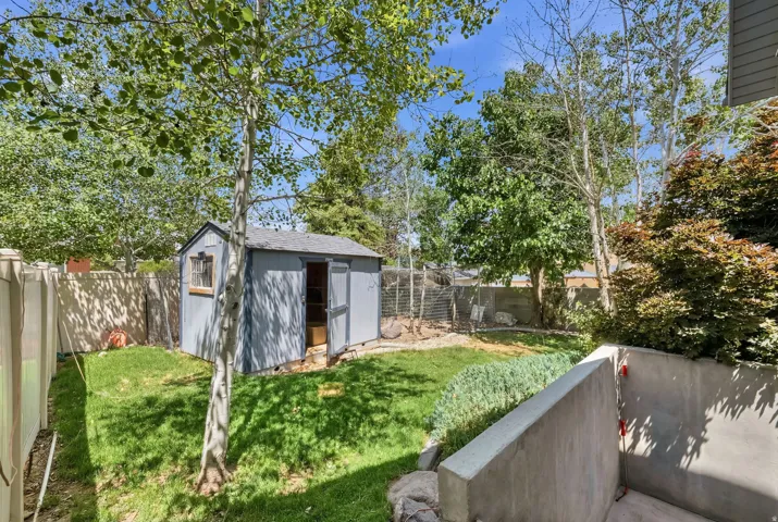 Manicured lawn area featuring a detached storage shed with a shingled roof and small window