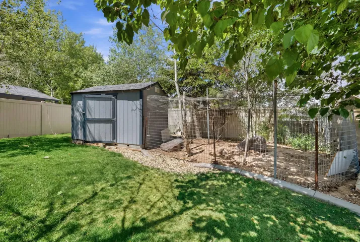 Backyard featuring a gray storage shed with a shingle roof, a fenced enclosure with wire mesh, a concrete border, and a green lawn