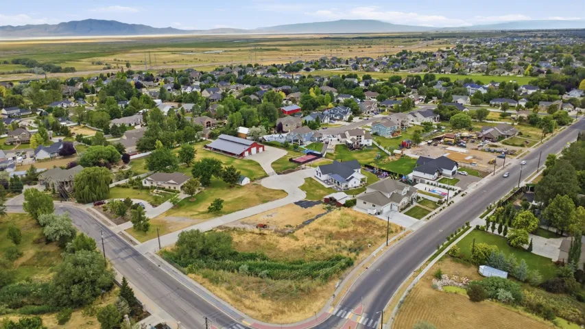Aerial overview showcasing a developed residential area with established homes and mature trees