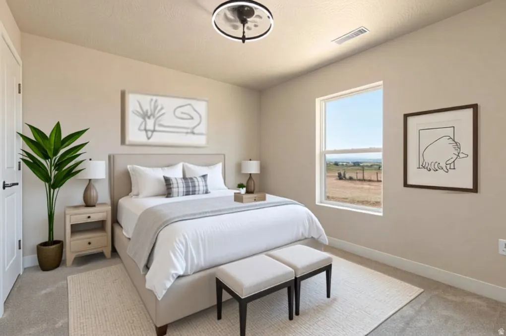 Digitally Staged-Bedroom featuring a window with a distant landscape, neutral wall tones, and carpet flooring