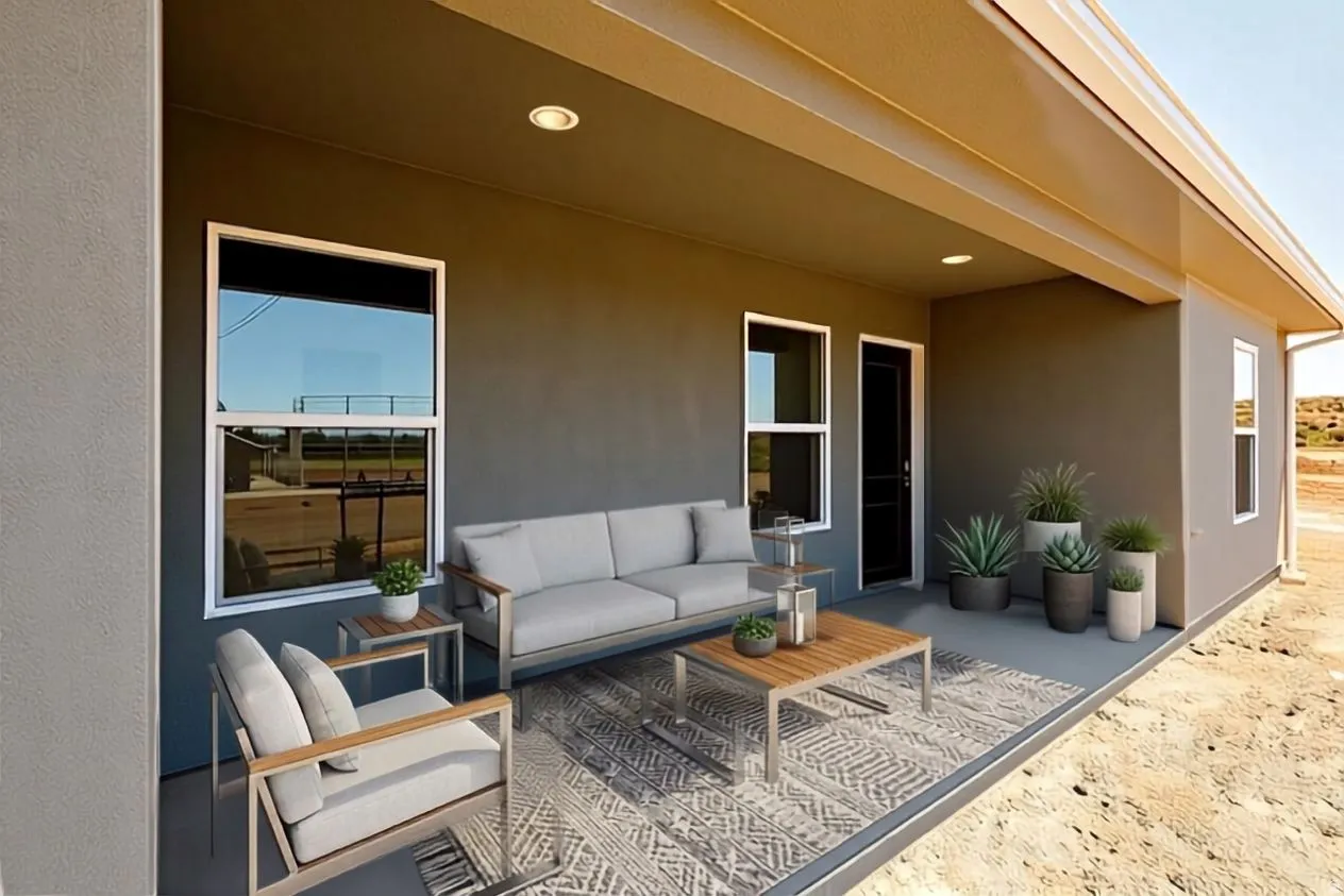 Digitally Staged-Covered patio with recessed lighting, stucco exterior, and white-framed windows