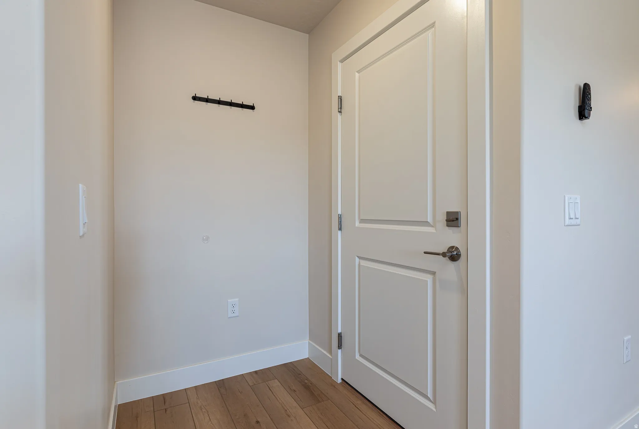 Interior hallway featuring wood-finish flooring, white baseboards, and a white paneled door with brushed nickel hardware