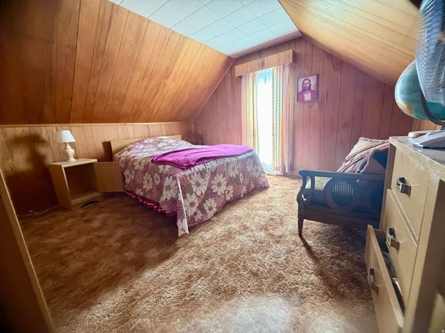 Sloped ceiling room featuring wood paneling, a large window with privacy coverings, and wall-to-wall carpeting