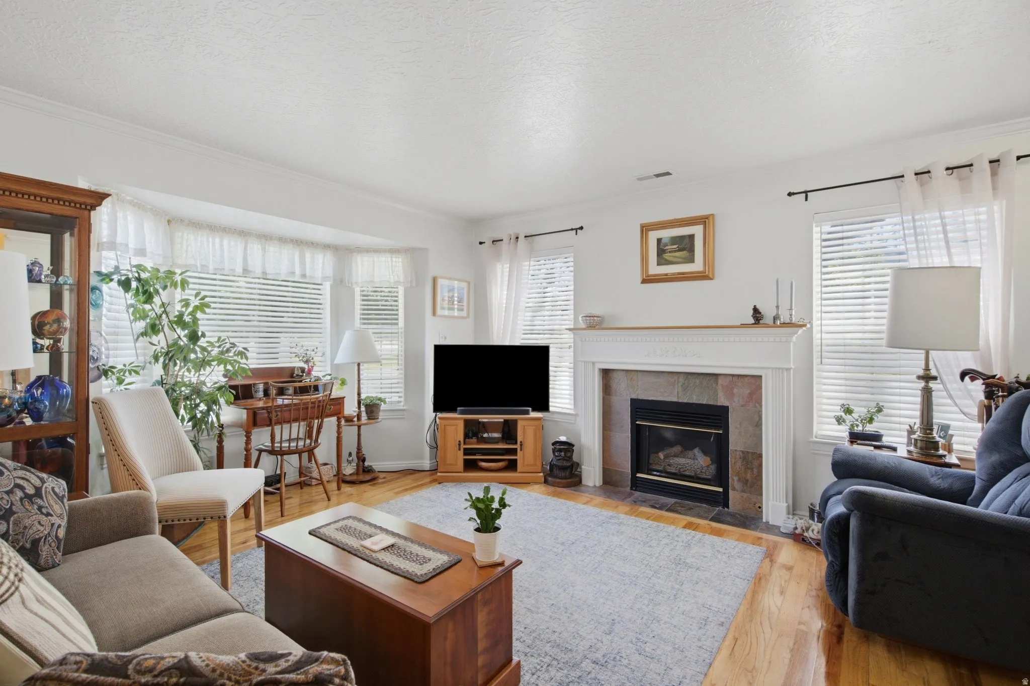 Living area featuring a fireplace with a slate surround and white mantel