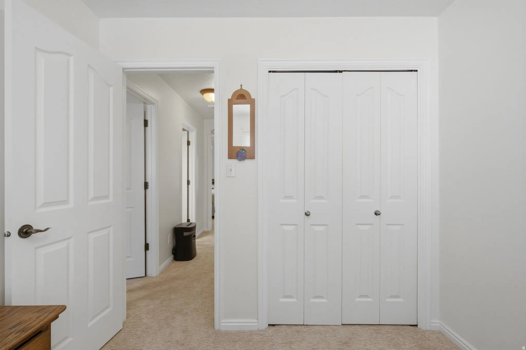 Neutral tone wall paint, white trim, and light-colored carpet flooring