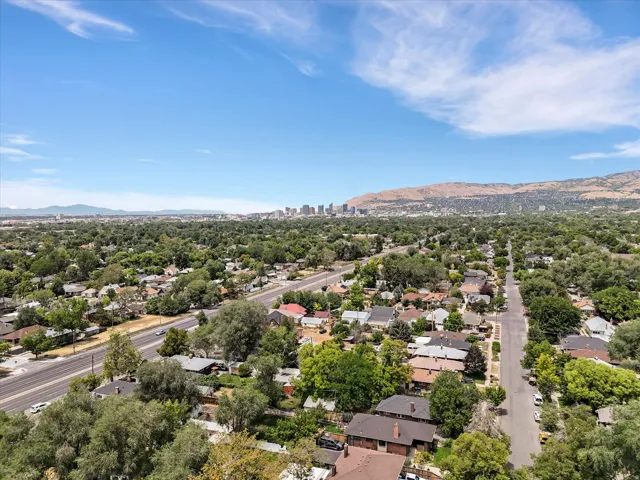 Expansive neighborhood with mature tree coverage and distant mountain backdrop