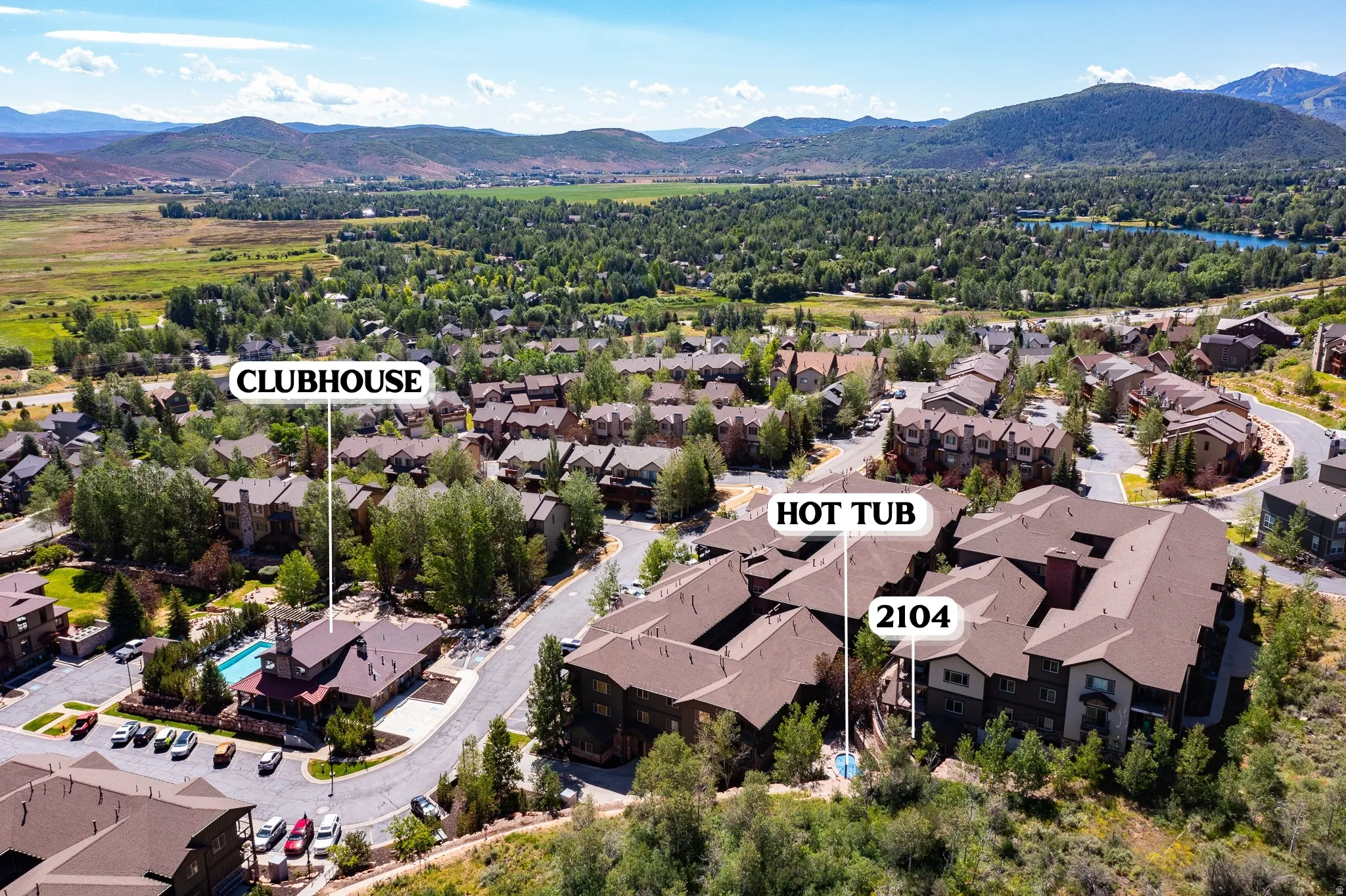 Aerial perspective showcasing a residential community with varied architectural styles
