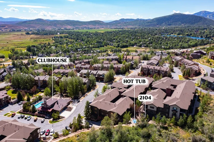 Aerial perspective showcasing a residential community with varied architectural styles