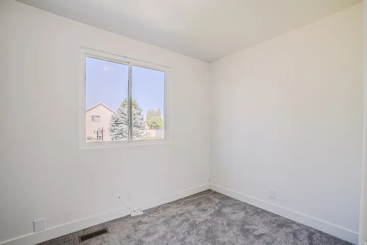 Room featuring light gray carpet, white painted walls, and a white-framed window
