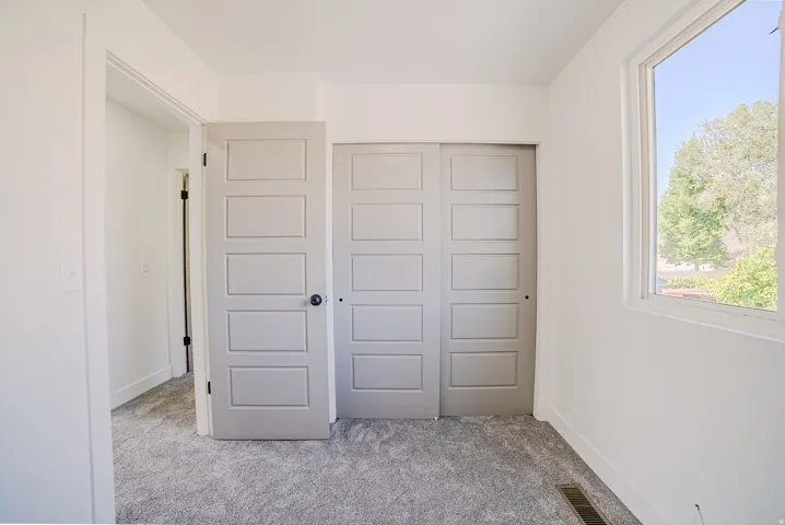Light gray carpeted room featuring a white window frame, white walls, and light gray five-panel doors, one hinged and two sliding