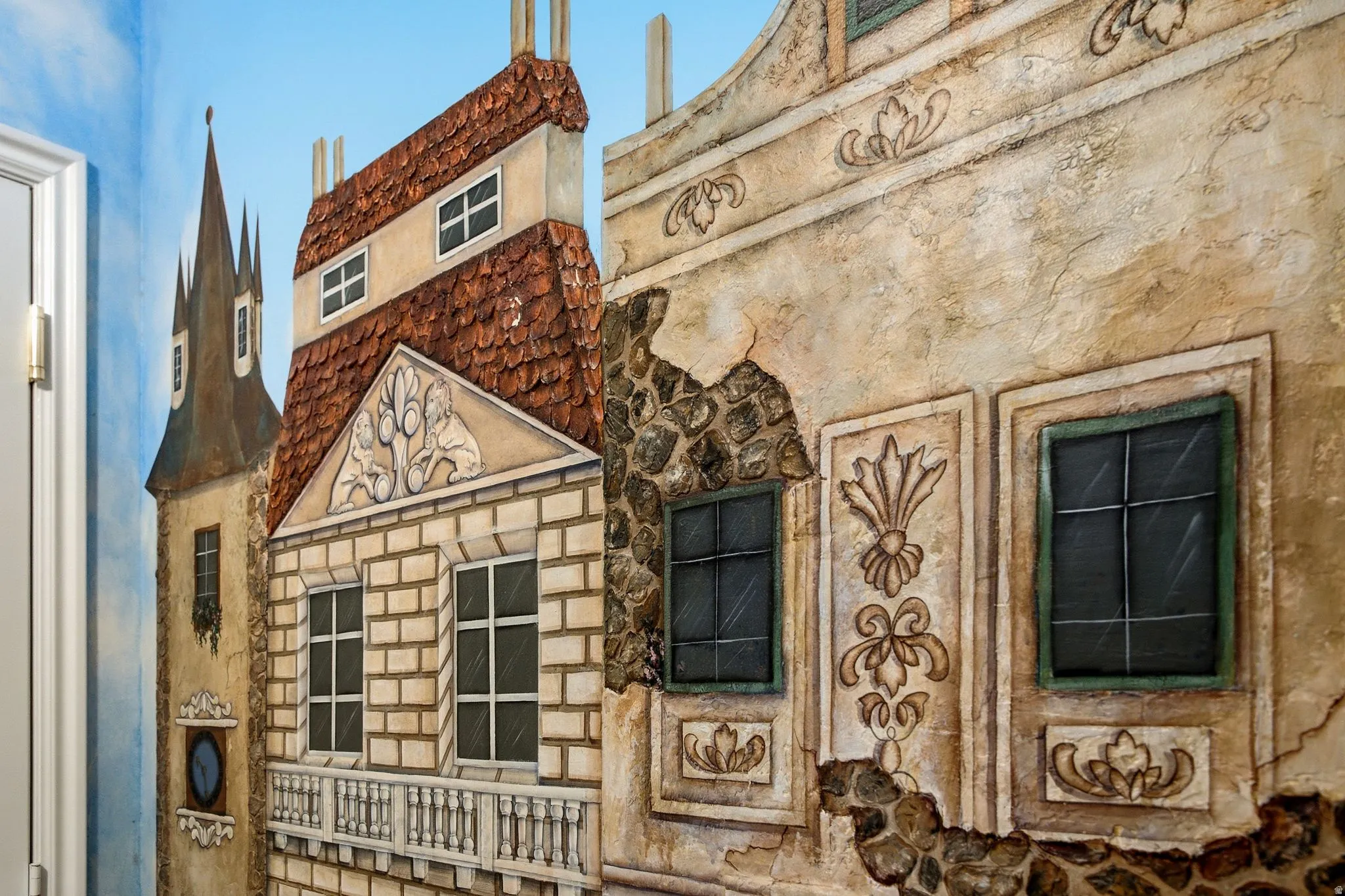 Custom dimensional wall mural featuring detailed architectural facades