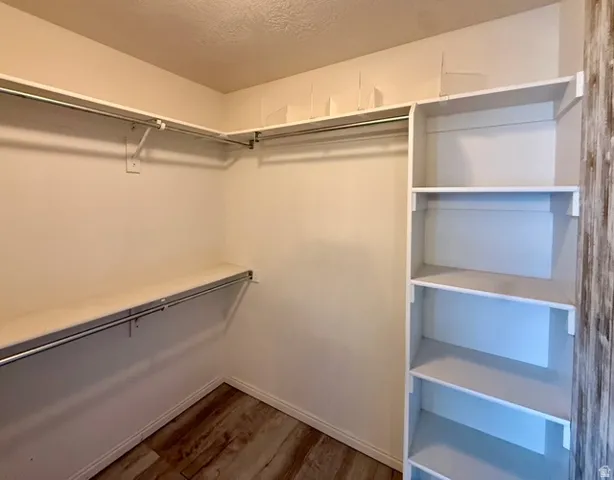 Walk-in closet featuring extensive built-in shelving, multiple hanging rods, and wood-finish flooring