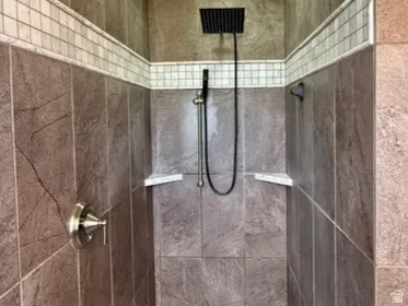 Tiled shower with a rainfall showerhead, handheld shower fixture, and mosaic tile accent band