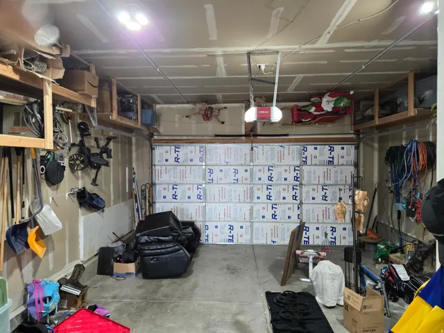 Garage space featuring an insulated garage door, overhead lighting, exposed ceiling joists, and integrated storage shelving