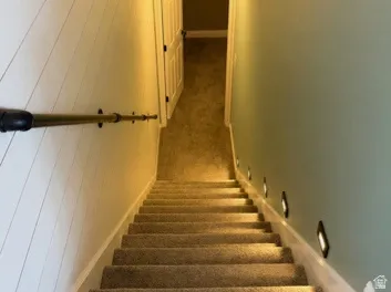 Carpeted staircase with integrated step lighting
