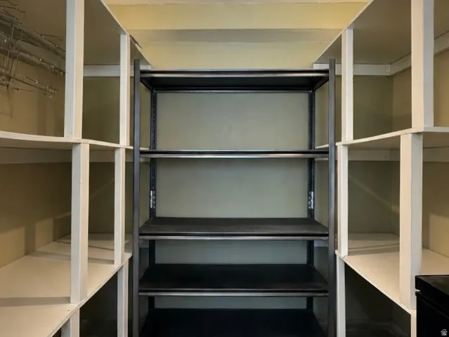 Spacious walk-in closet featuring custom white cabinetry with glass-front doors, multiple shelving levels, recessed lighting, and dark metal shelving system for organized storage and display