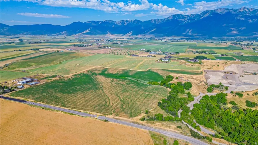 Expansive agricultural land featuring a paved road, scattered trees, and distant mountain ranges