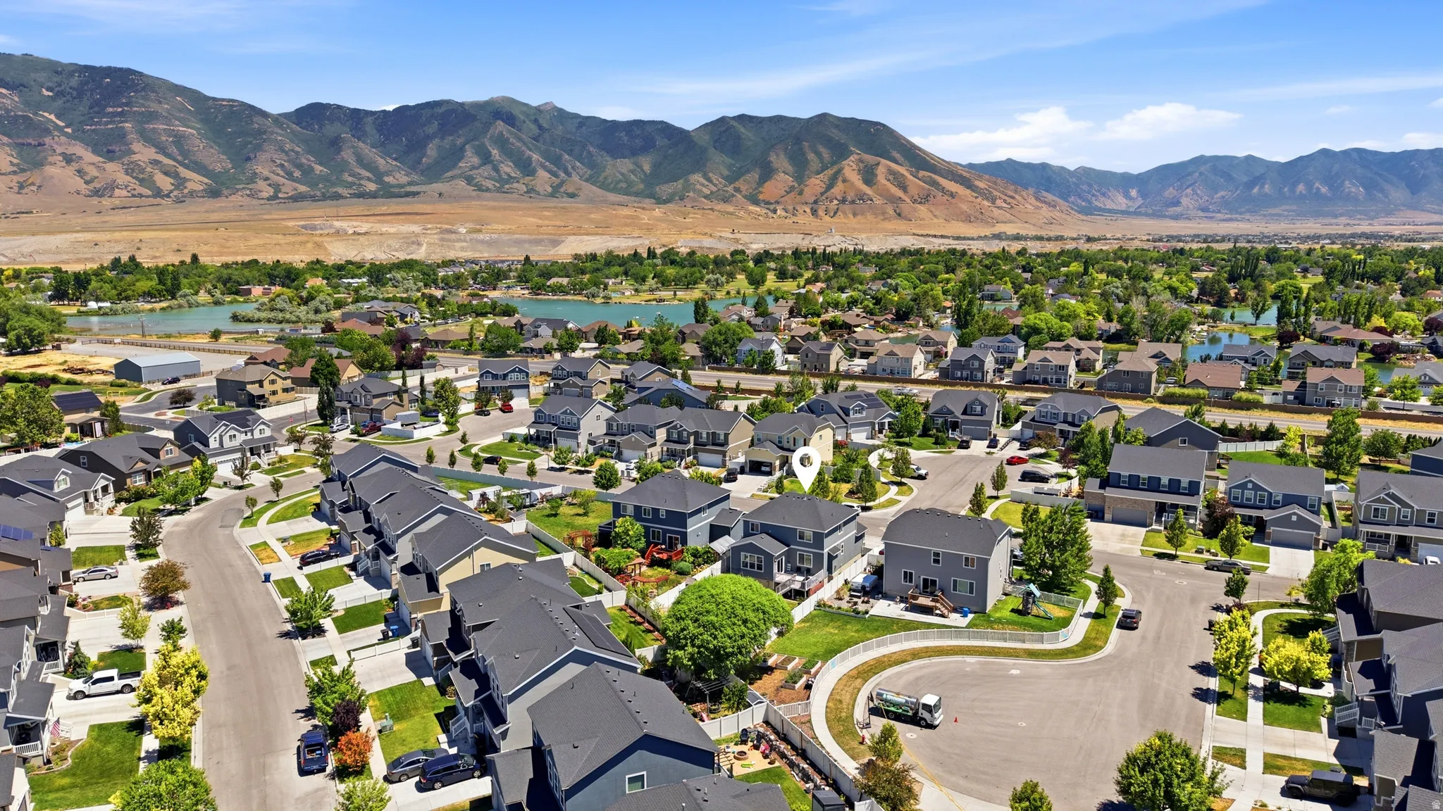 Aerial perspective showcasing a residential neighborhood with varied architectural styles