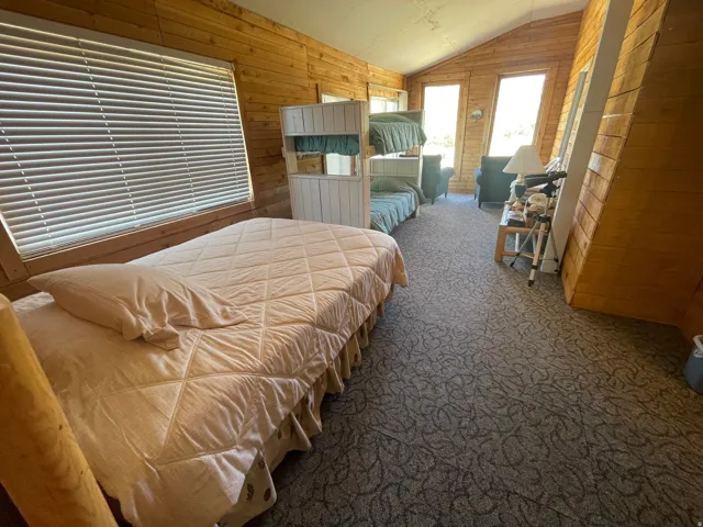 Room with extensive wood paneling, sloped ceilings, and patterned carpet
