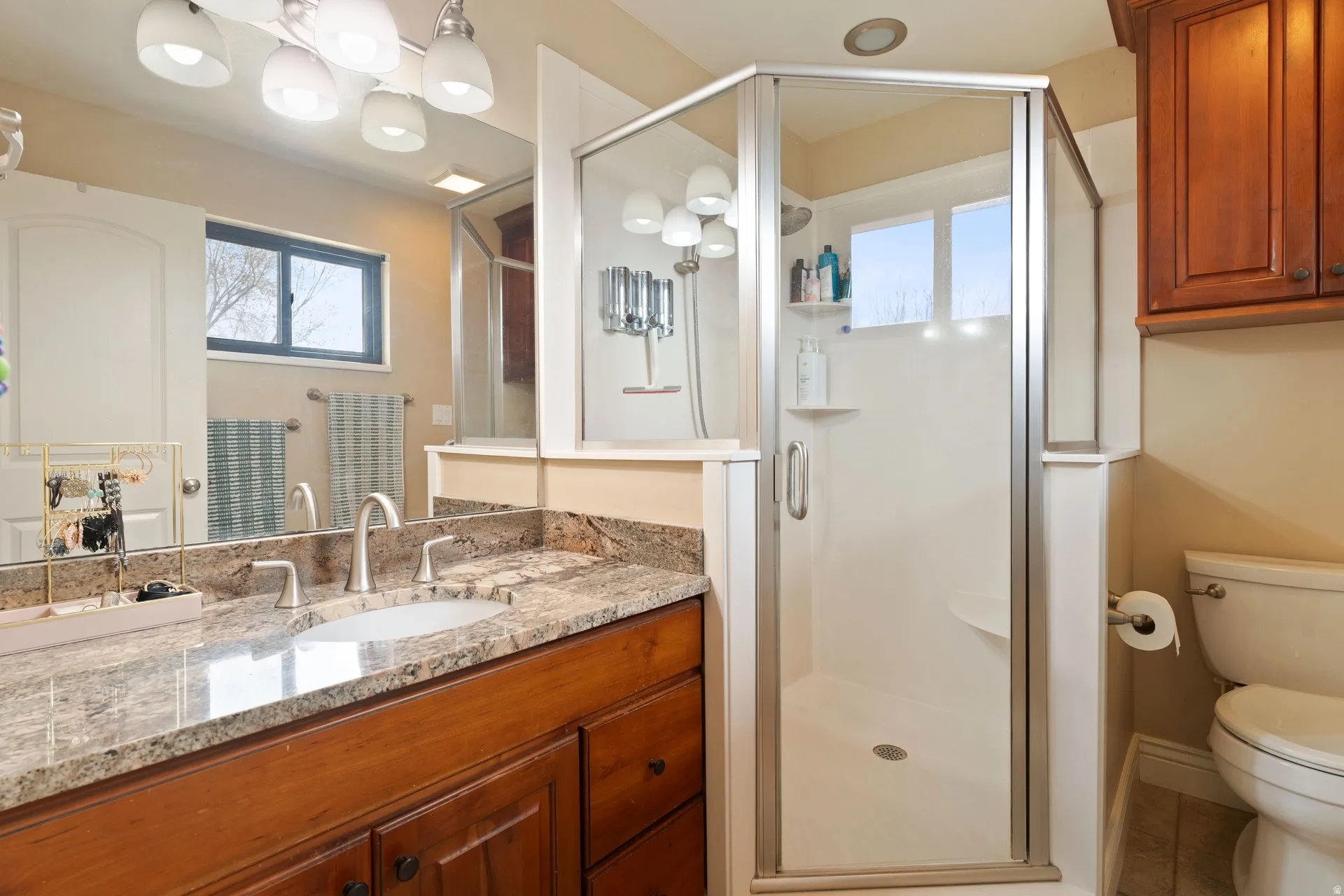 Bathroom featuring a glass-enclosed shower, a vanity with a stone countertop, wood-finish cabinetry, and a full-width mirror