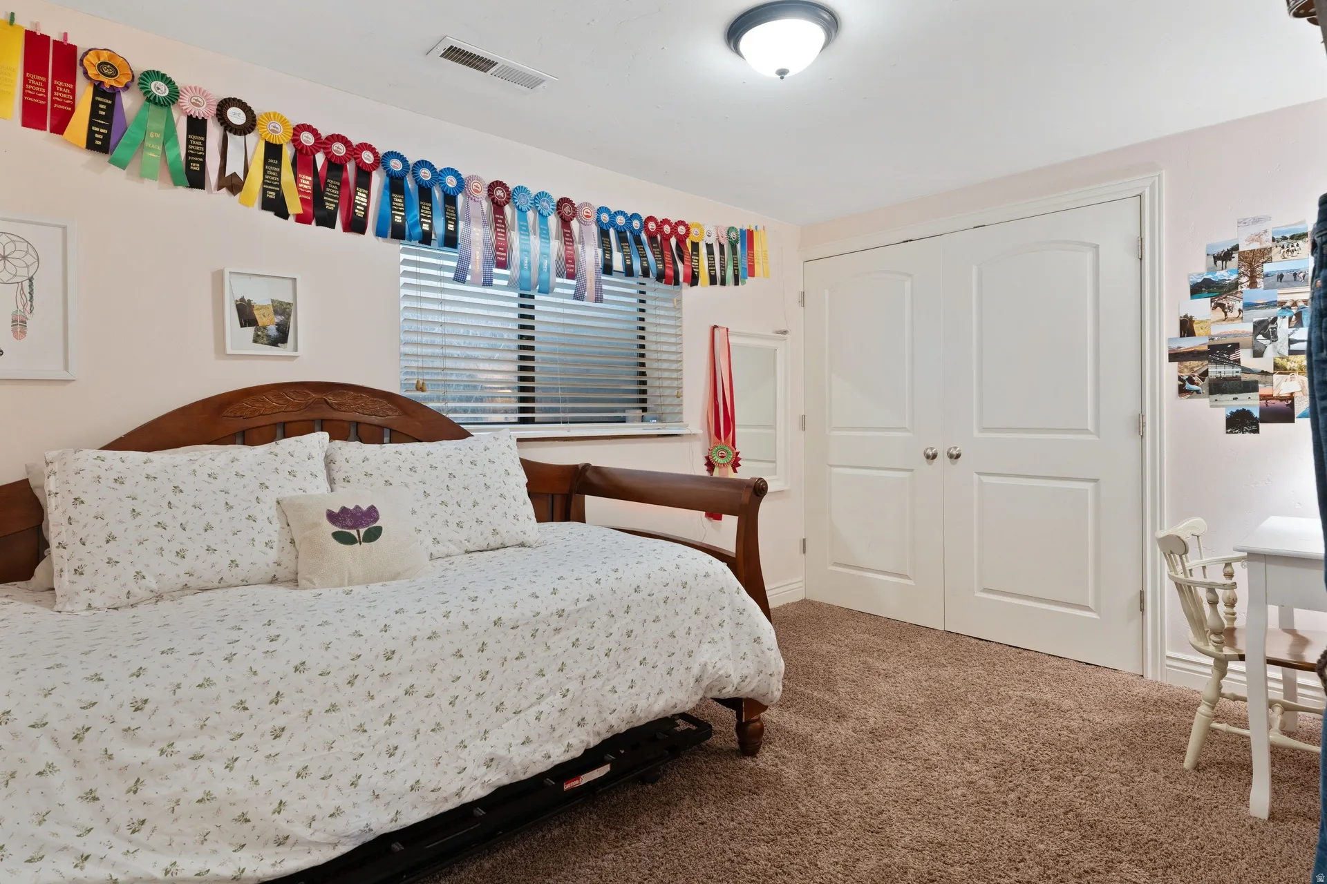 Neutral-toned wall paint and brown carpet flooring define this interior space