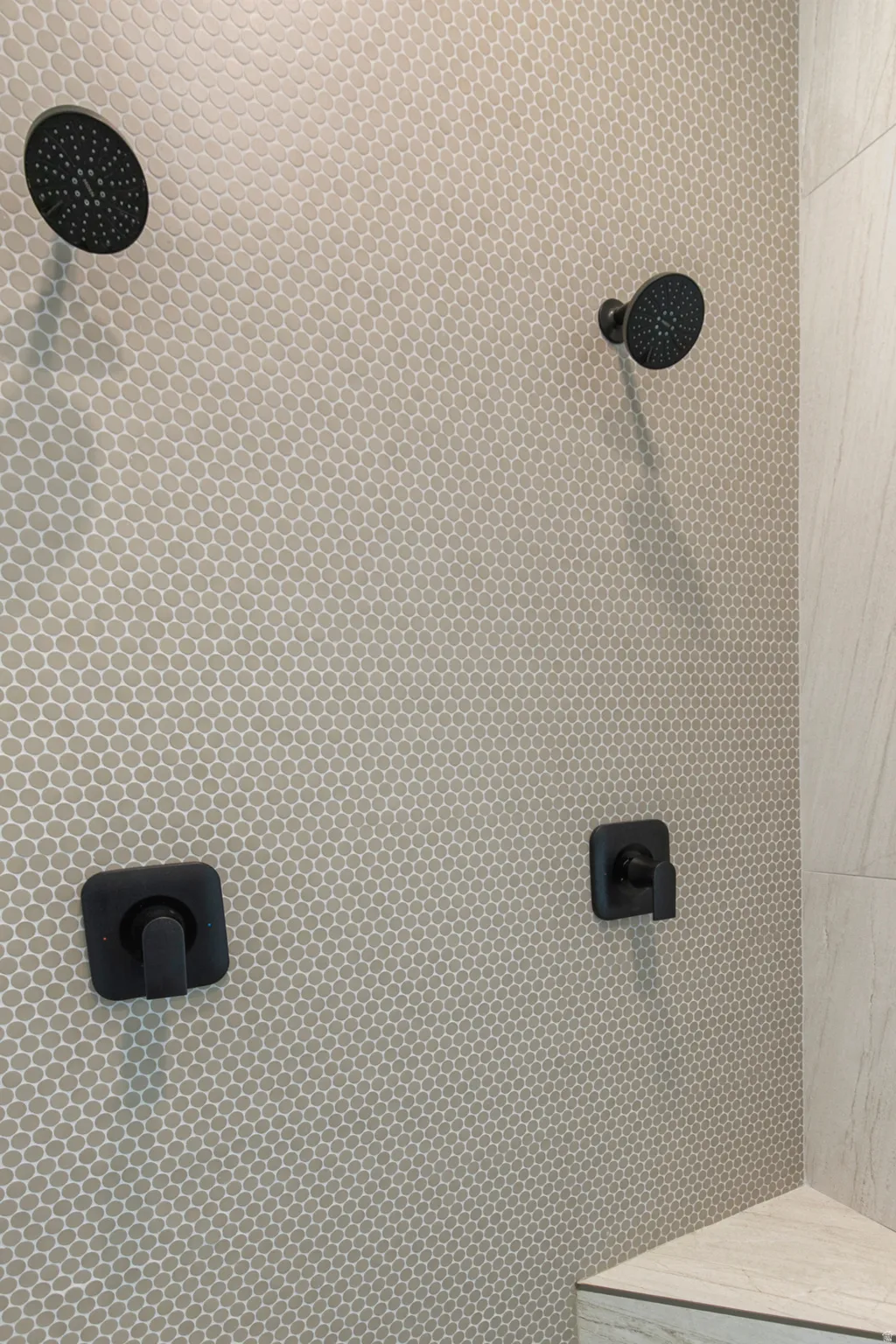 Shower enclosure featuring dual matte black showerheads and controls