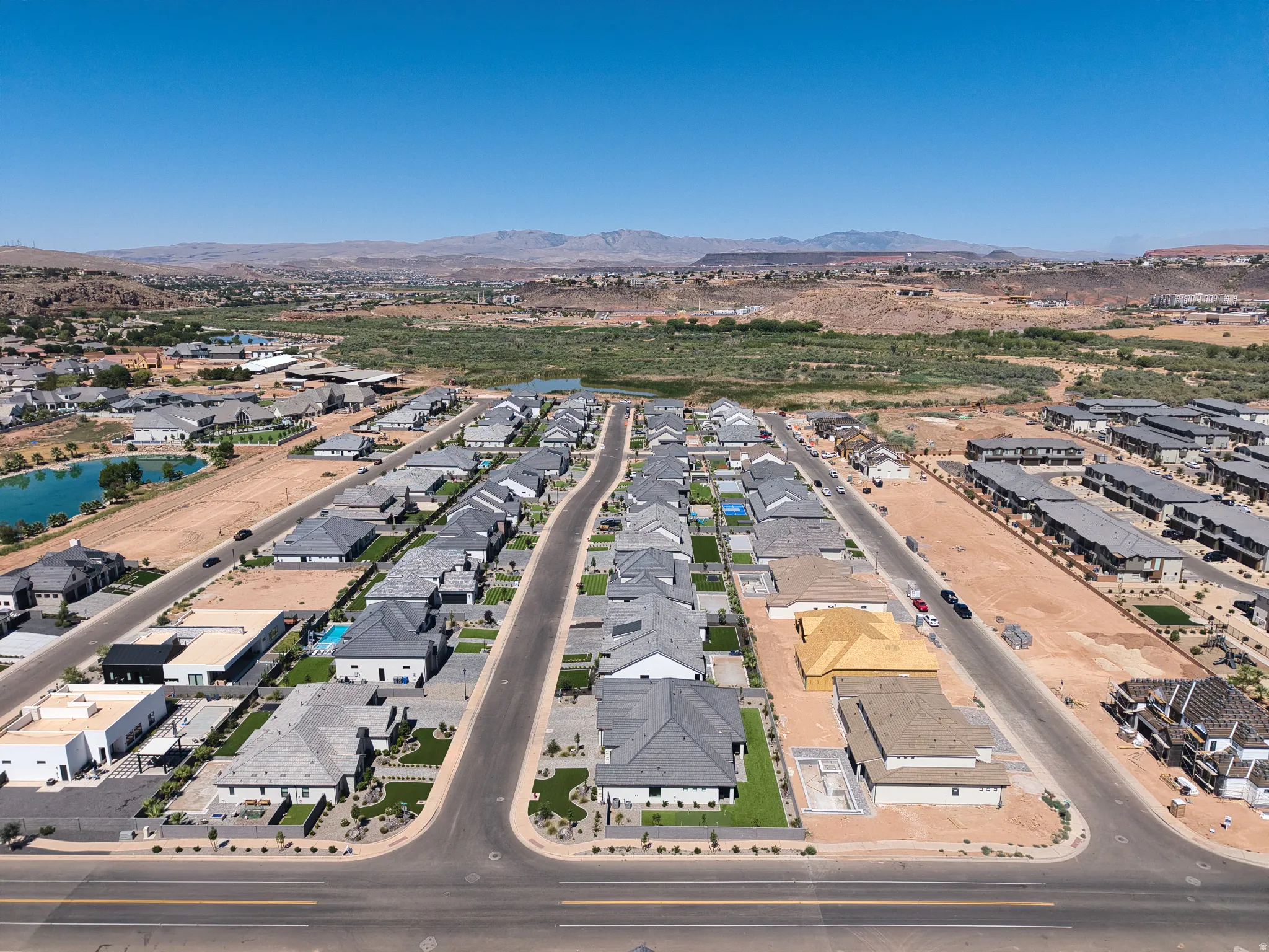 Aerial perspective showcasing a developing residential community