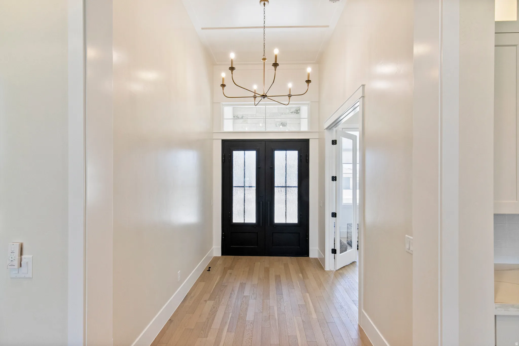 Entryway featuring double black doors with frosted glass panels, wood-finish flooring, and a decorative overhead light fixture