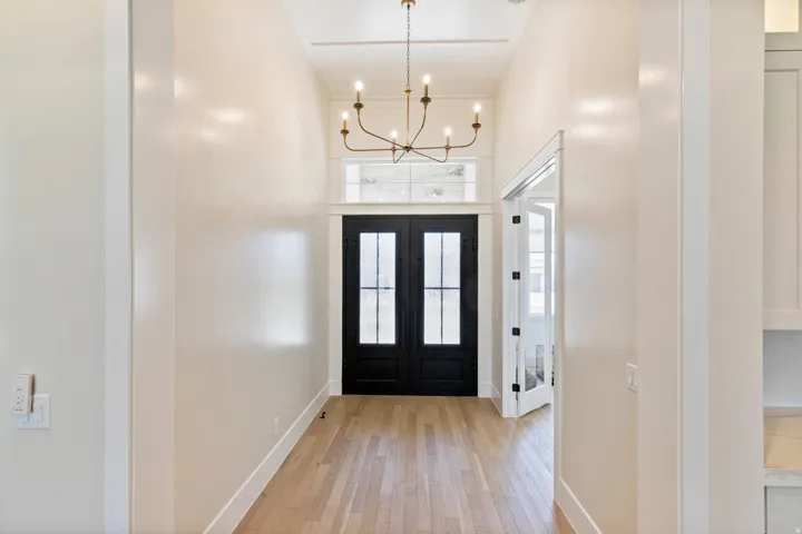 Entryway featuring double black doors with frosted glass panels, wood-finish flooring, and a decorative overhead light fixture